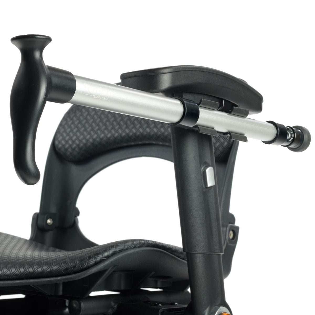 Walking stick in a holder on a mobility scooter